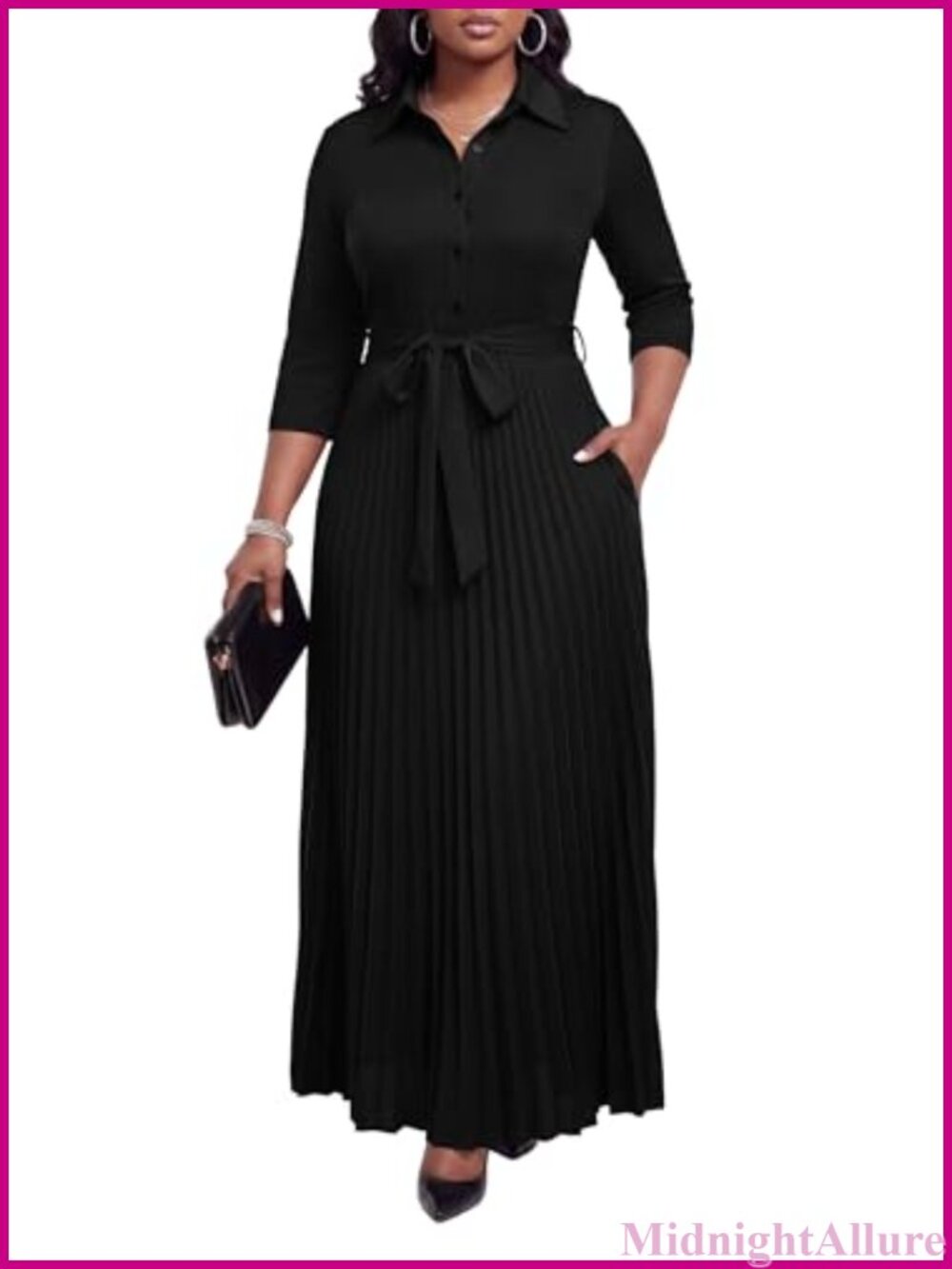 Pleated Maxi Dress 3/4 Sleeve Button Down V-Neck Self-Tie Belt Pockets